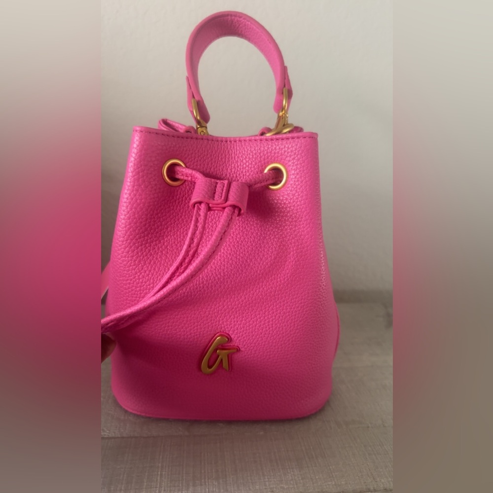 Hot Pink Pebbled Drawstring Mini Bucket Bag with Gold Accents